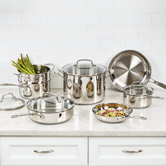 11-Piece Stainless Steel Cookware Set with Glass Lids and Steamer Insert