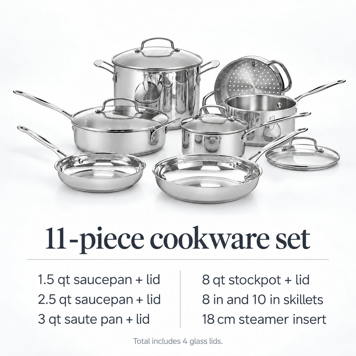 11-Piece Stainless Steel Cookware Set with Glass Lids and Steamer Insert