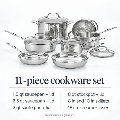 11-Piece Stainless Steel Cookware Set with Glass Lids and Steamer Insert
