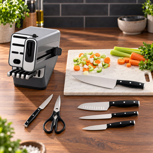 12-Piece Stainless Steel Kitchen Knife Set with Block and Manual Sharpener