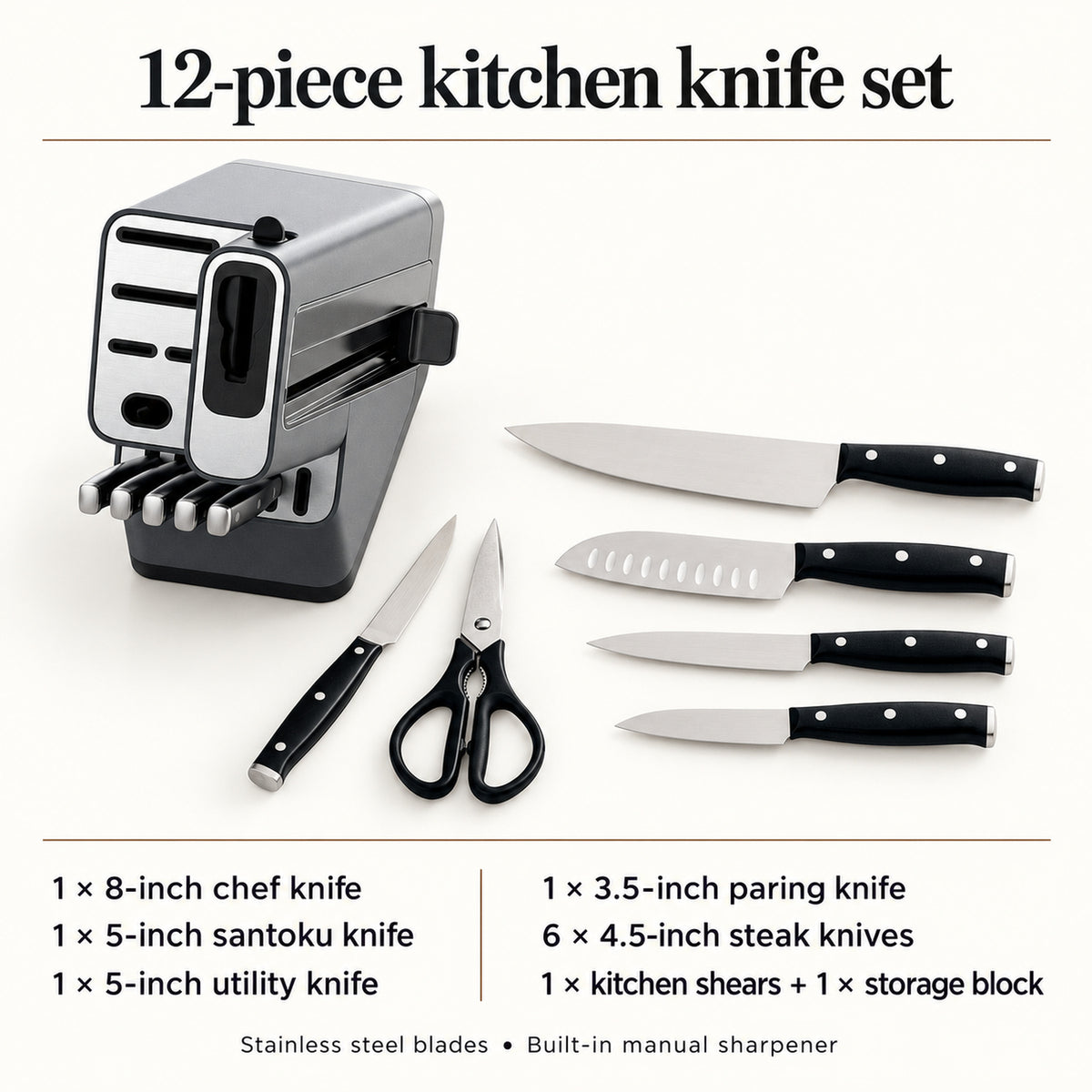 12-Piece Stainless Steel Kitchen Knife Set with Block and Manual Sharpener