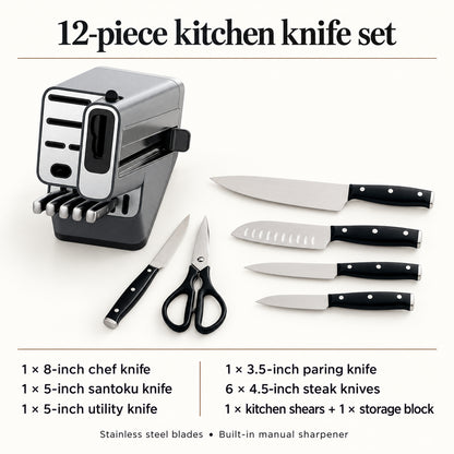 12-Piece Stainless Steel Kitchen Knife Set with Block and Manual Sharpener