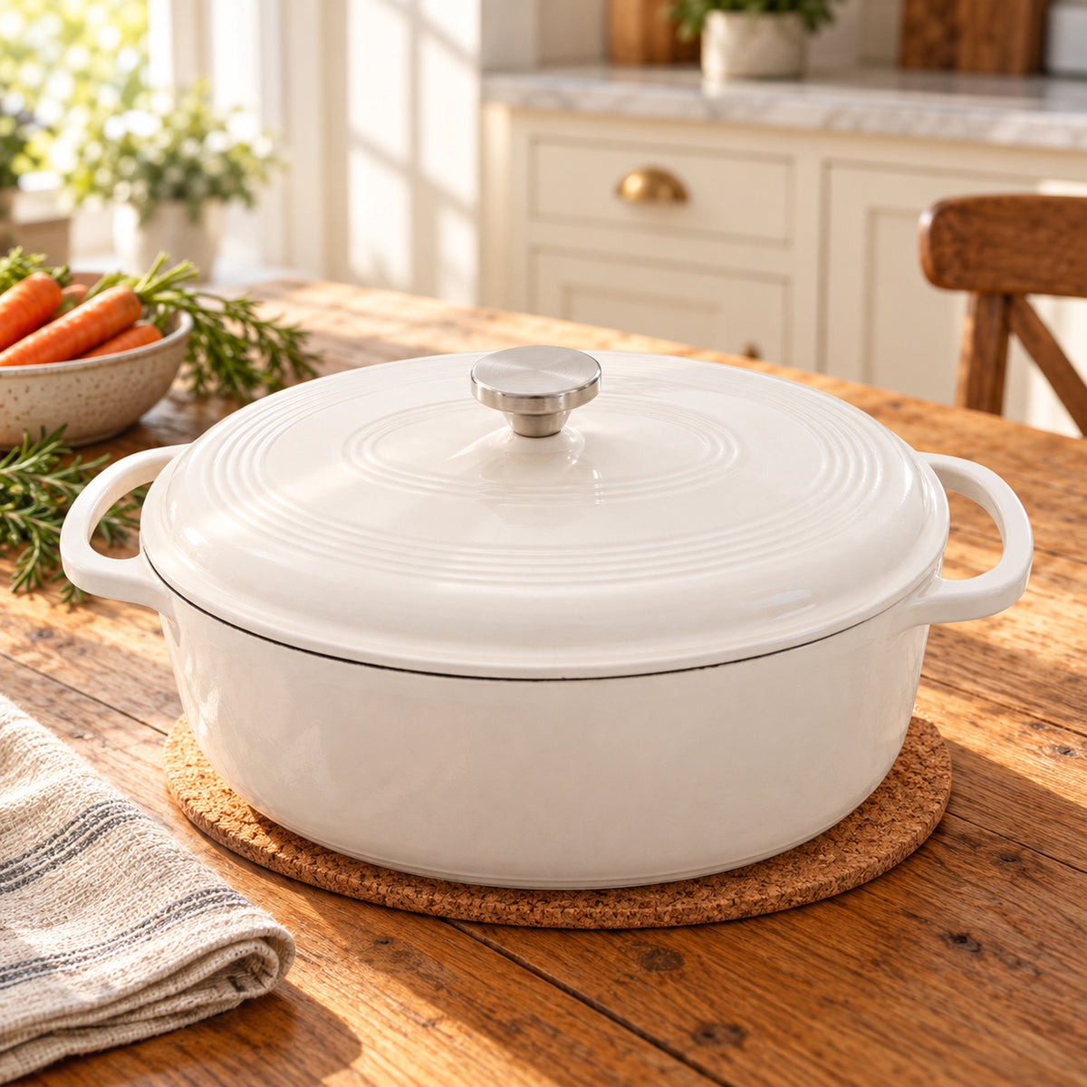 7-Quart Oval Enameled Cast Iron Dutch Oven with Lid, Off-White