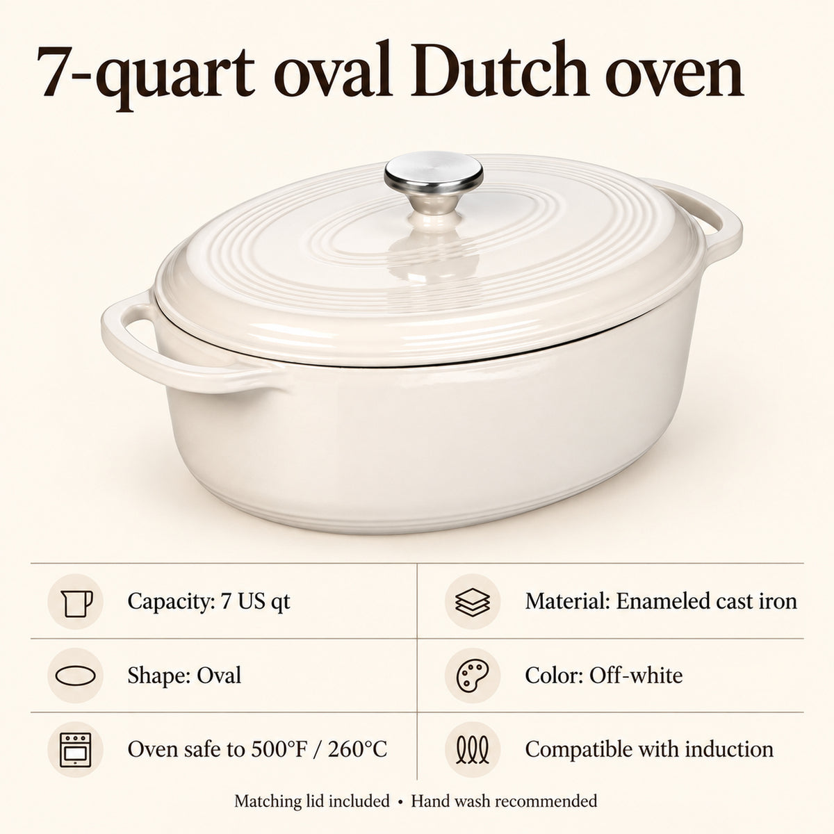 7-Quart Oval Enameled Cast Iron Dutch Oven with Lid, Off-White