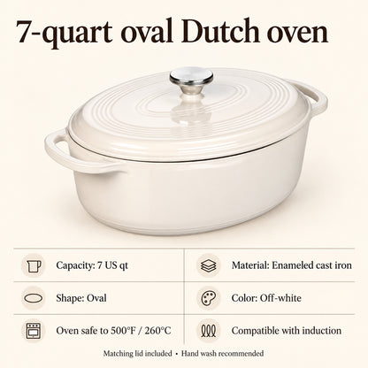 7-Quart Oval Enameled Cast Iron Dutch Oven with Lid, Off-White
