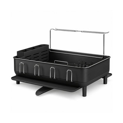 Steel Frame Dish Drying Rack with Swivel Spout and Wine Glass Holder, Matte Black