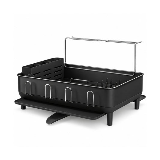 Steel Frame Dish Drying Rack with Swivel Spout and Wine Glass Holder, Matte Black