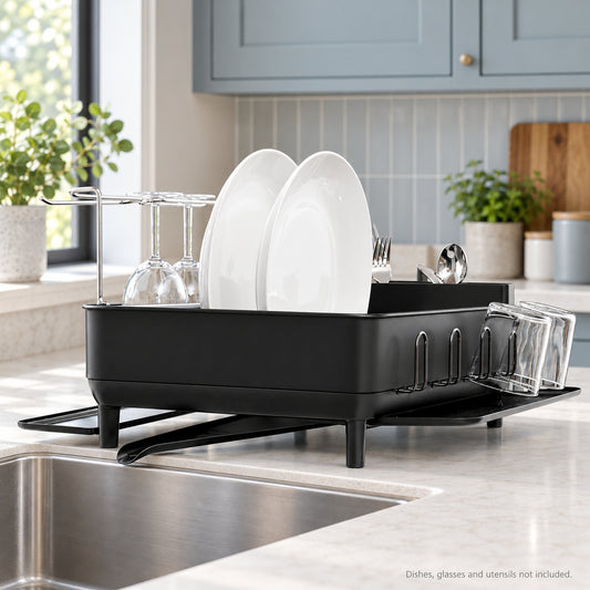 Steel Frame Dish Drying Rack with Swivel Spout and Wine Glass Holder, Matte Black