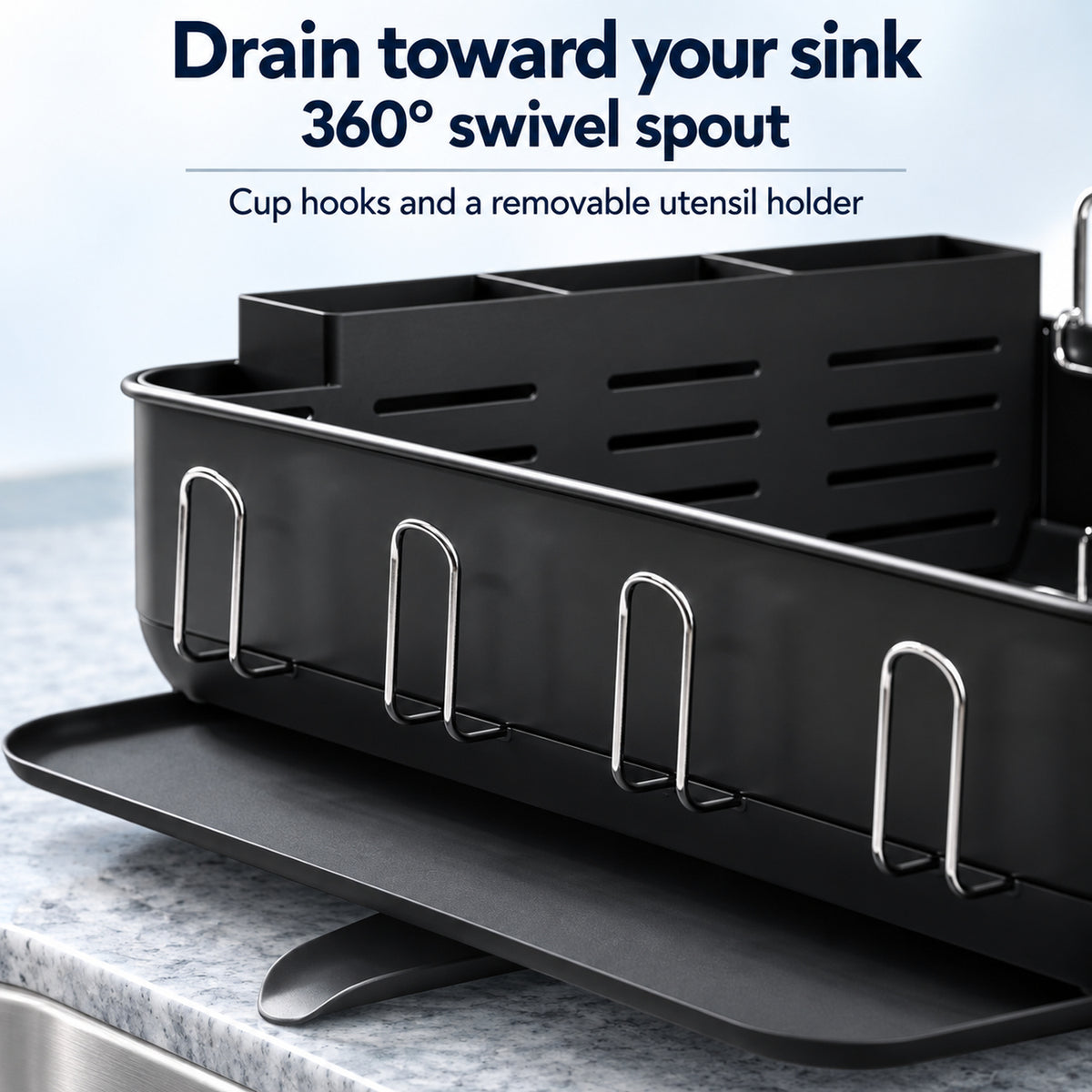 Steel Frame Dish Drying Rack with Swivel Spout and Wine Glass Holder, Matte Black