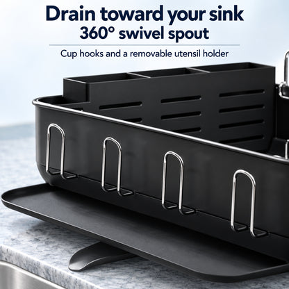 Steel Frame Dish Drying Rack with Swivel Spout and Wine Glass Holder, Matte Black