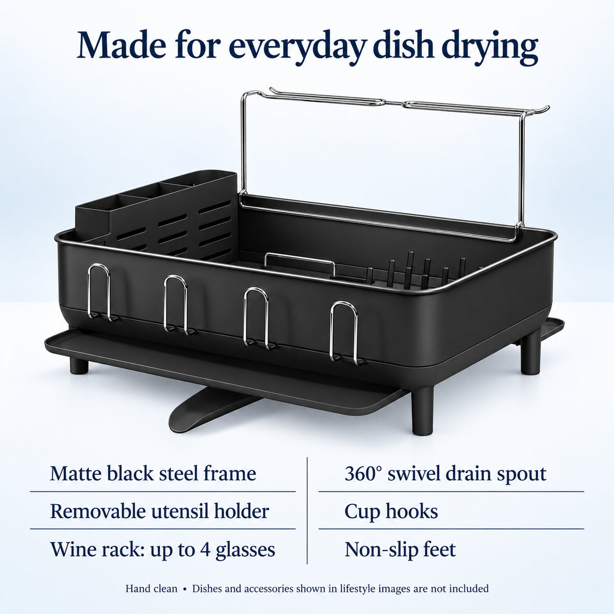 Steel Frame Dish Drying Rack with Swivel Spout and Wine Glass Holder, Matte Black