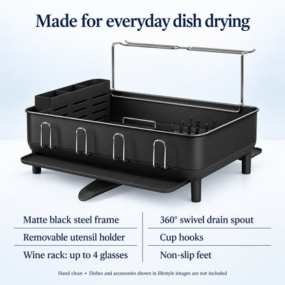 Steel Frame Dish Drying Rack with Swivel Spout and Wine Glass Holder, Matte Black