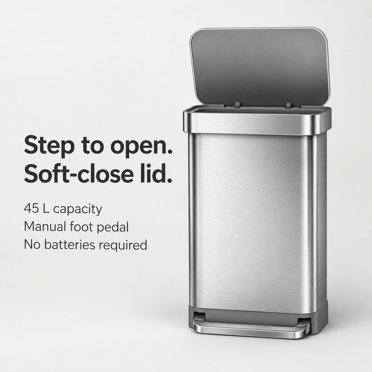 45 L Stainless Steel Kitchen Trash Can with Foot Pedal and Soft-Close Lid