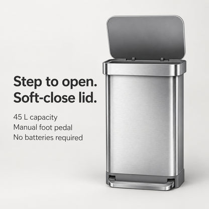 45 L Stainless Steel Kitchen Trash Can with Foot Pedal and Soft-Close Lid