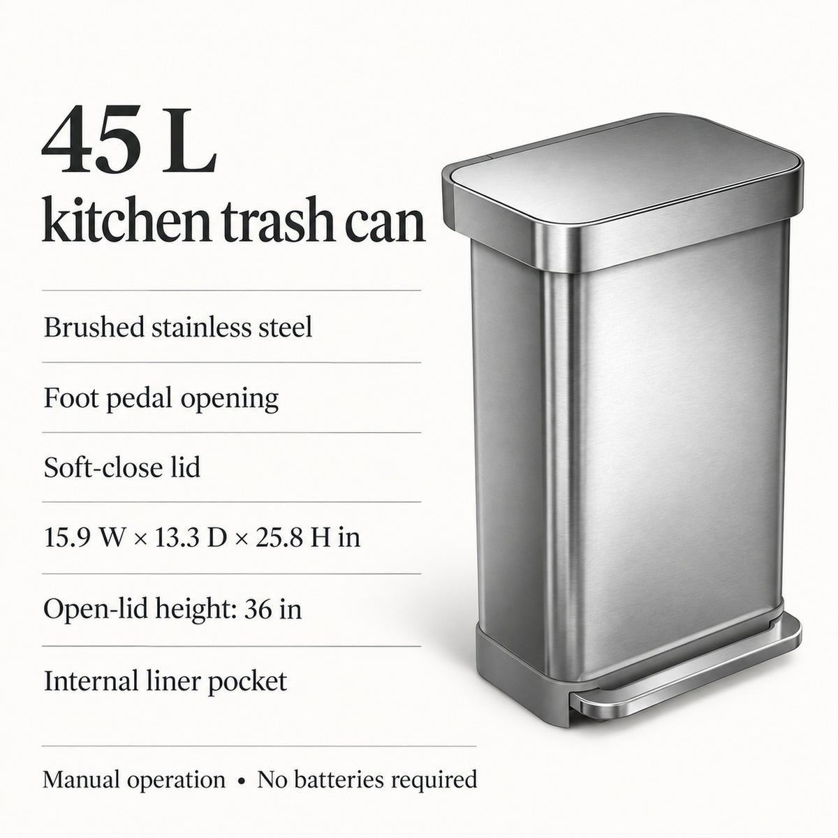 45 L Stainless Steel Kitchen Trash Can with Foot Pedal and Soft-Close Lid