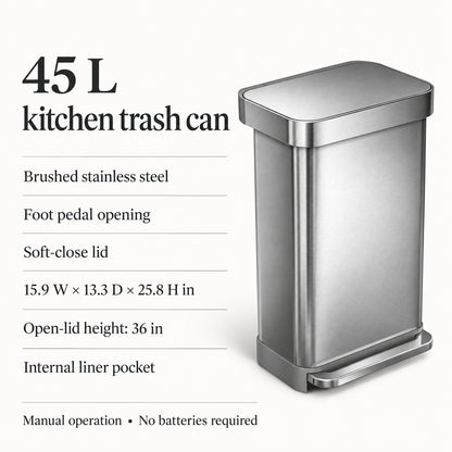 45 L Stainless Steel Kitchen Trash Can with Foot Pedal and Soft-Close Lid