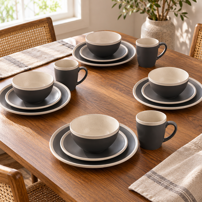 16-Piece Stoneware Dinnerware Set for 4, Plates, Bowls and Mugs, Dark Gray and Cream