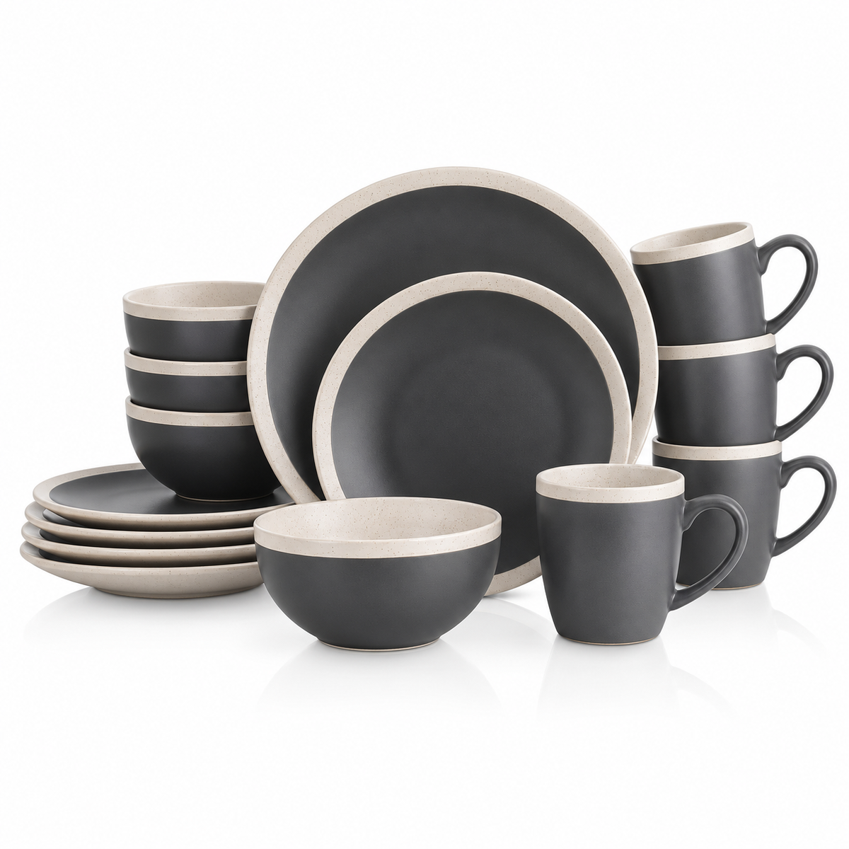 16-Piece Stoneware Dinnerware Set for 4, Plates, Bowls and Mugs, Dark Gray and Cream