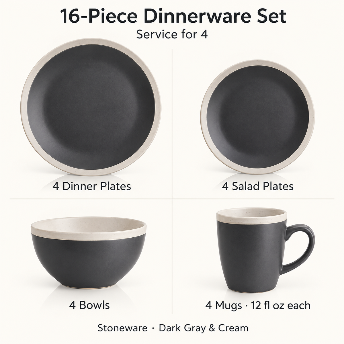 16-Piece Stoneware Dinnerware Set for 4, Plates, Bowls and Mugs, Dark Gray and Cream