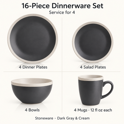 16-Piece Stoneware Dinnerware Set for 4, Plates, Bowls and Mugs, Dark Gray and Cream