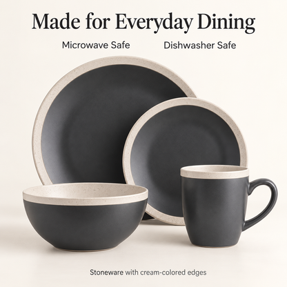 16-Piece Stoneware Dinnerware Set for 4, Plates, Bowls and Mugs, Dark Gray and Cream